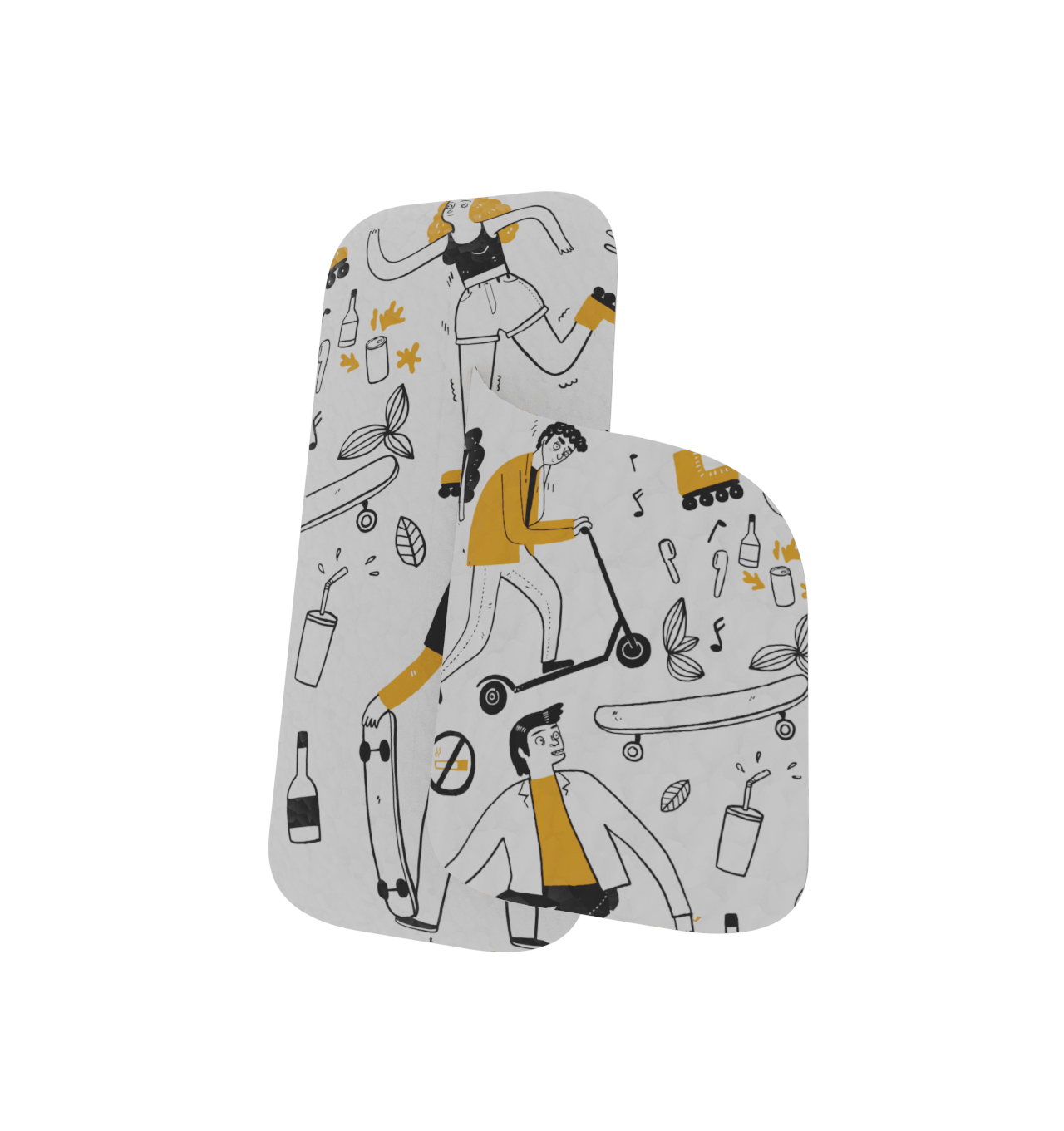 Legacy core skin  with a design of people on scooters and bottles on a white background