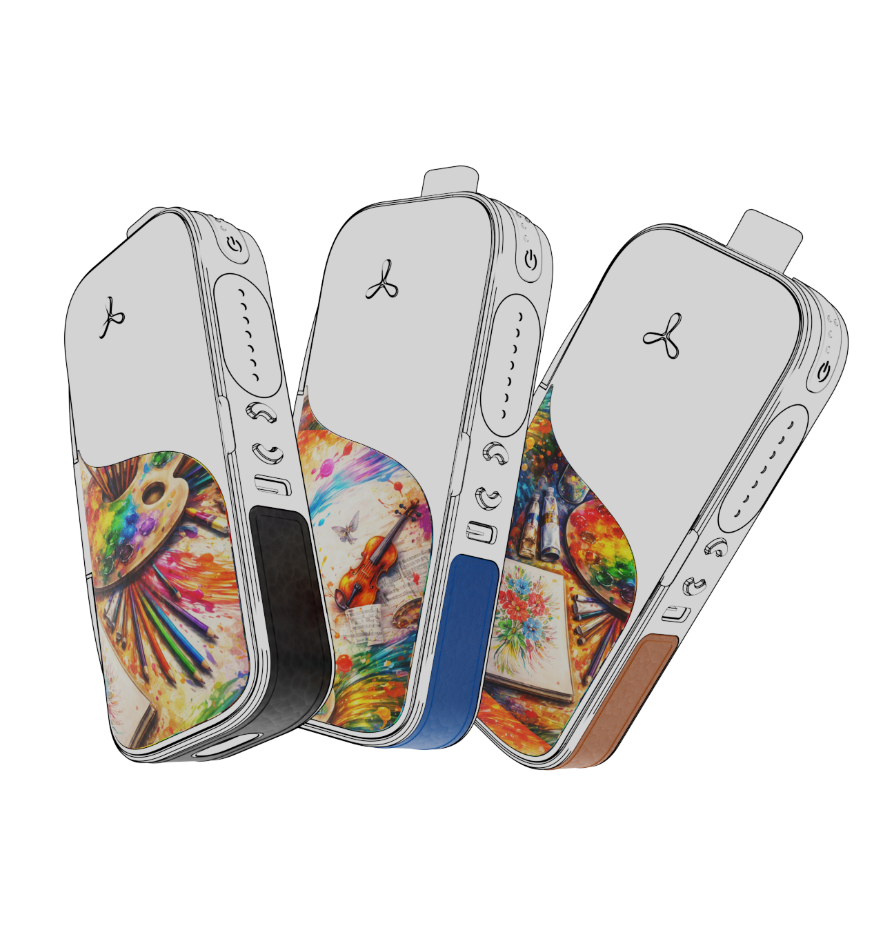Three electronic devices with artistic designs on a white background